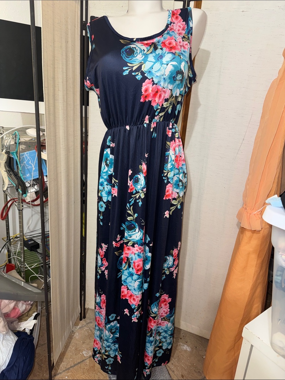 2x Stretchy Navy Blue Floral Dress w Pockets